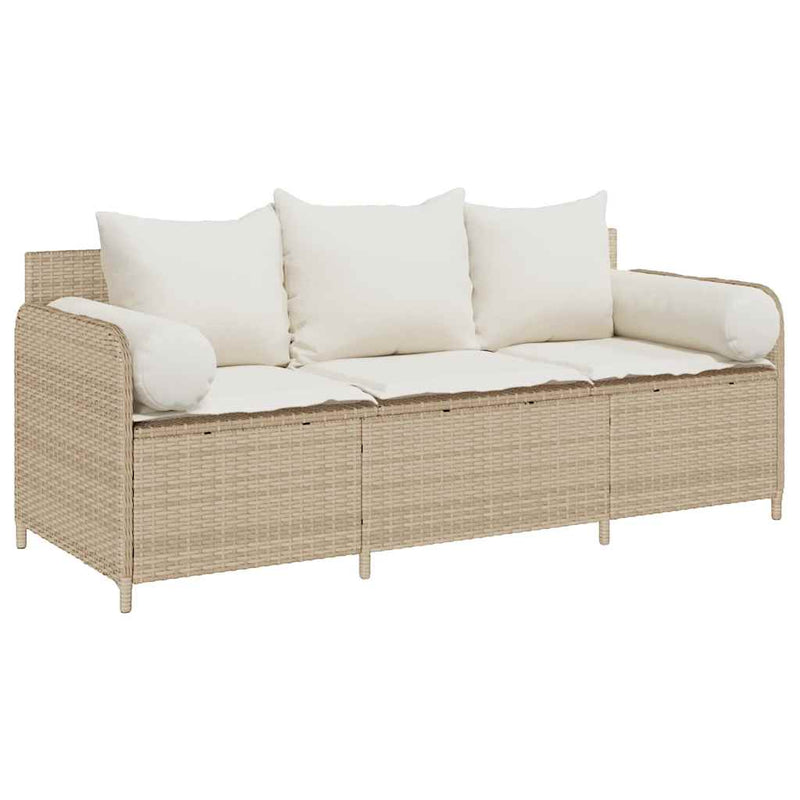 vidaXL Garden Sofa with Cushions 3-Seater Beige Poly Rattan