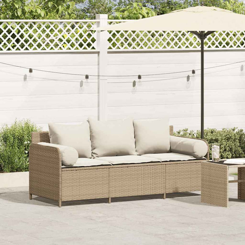 vidaXL Garden Sofa with Cushions 3-Seater Beige Poly Rattan