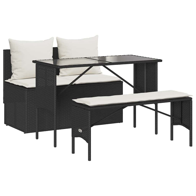 vidaXL 3 Piece Garden Dining Set with Cushions Black Poly Rattan