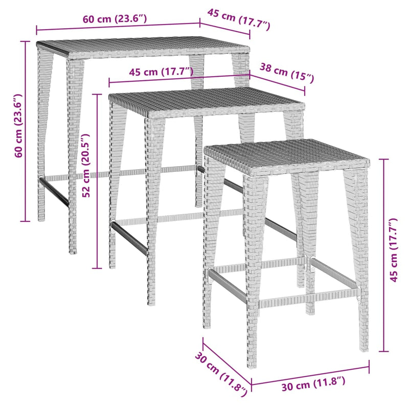 vidaXL Garden Nesting Tables 3 pcs Brown Poly Rattan