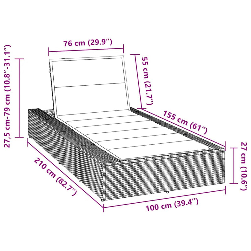 vidaXL Sunbed with Floating Cushion Black Poly Rattan