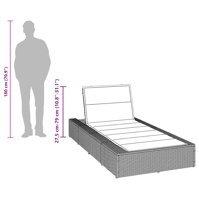 vidaXL Sunbed with Floating Cushion Black Poly Rattan