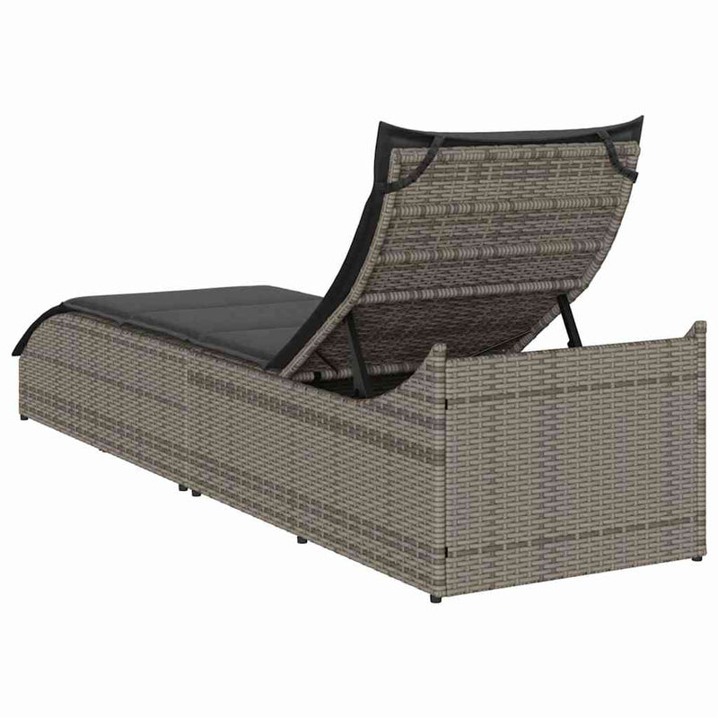 vidaXL Folding Sun Lounger with Cushion and Storage Grey Poly Rattan