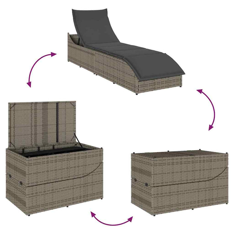 vidaXL Folding Sun Lounger with Cushion and Storage Grey Poly Rattan