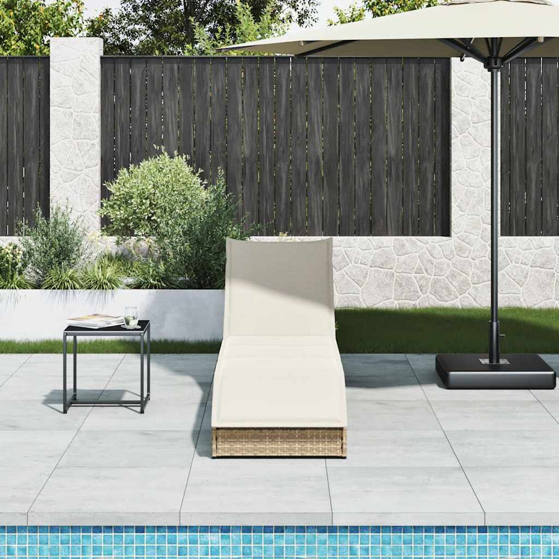 vidaXL Folding Sun Lounger with Cushion and Storage Beige Poly Rattan