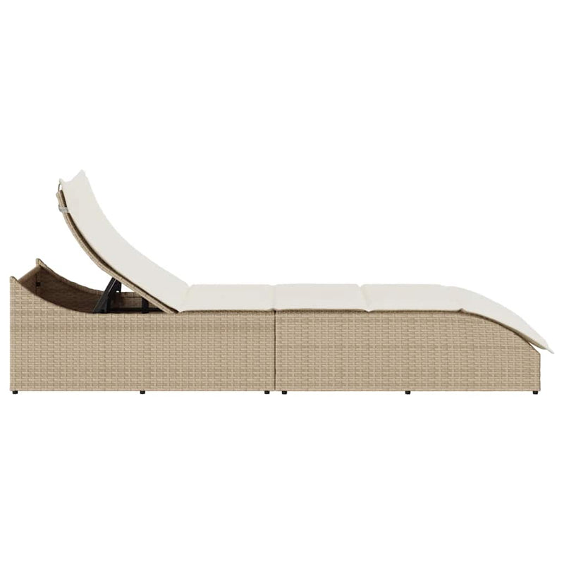 vidaXL Folding Sun Lounger with Cushion and Storage Beige Poly Rattan