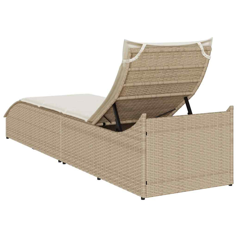 vidaXL Folding Sun Lounger with Cushion and Storage Beige Poly Rattan