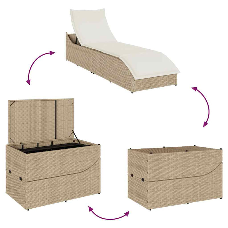 vidaXL Folding Sun Lounger with Cushion and Storage Beige Poly Rattan