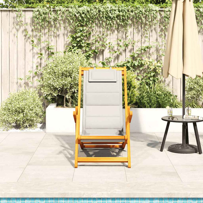 vidaXL Folding Beach Chair with Armrests Light Grey Acacia Wood & Textilene