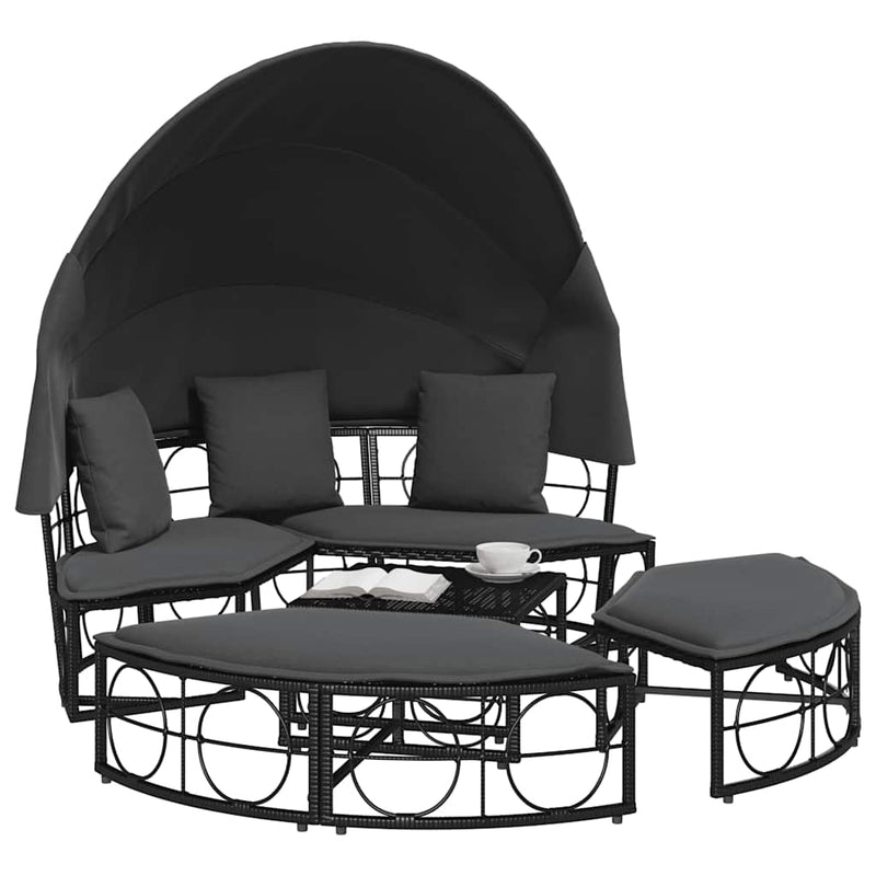 vidaXL Outdoor Lounge Bed with Canopy and Cushions Black Poly Rattan