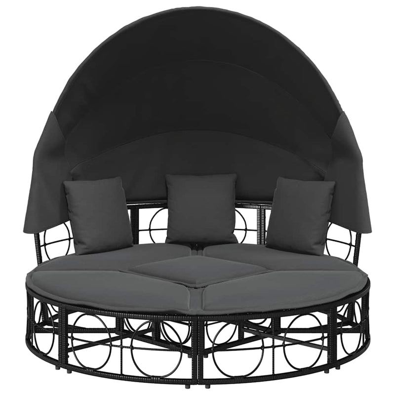 vidaXL Outdoor Lounge Bed with Canopy and Cushions Black Poly Rattan