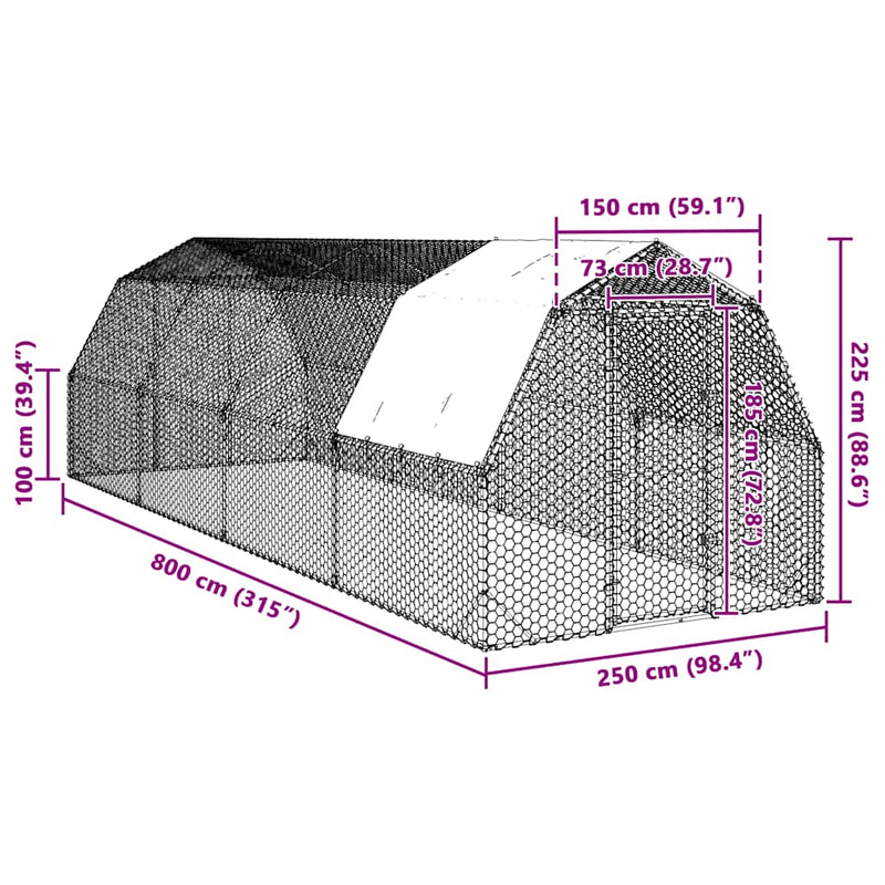 vidaXL Chicken Run with Roof 2.5x8x2.25 m Galvanised Steel