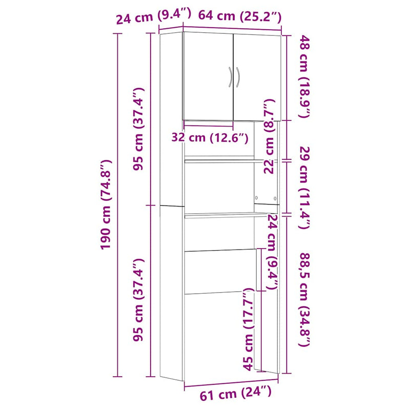 Washing Machine Cabinet White 64x24x190 cm Engineered Wood