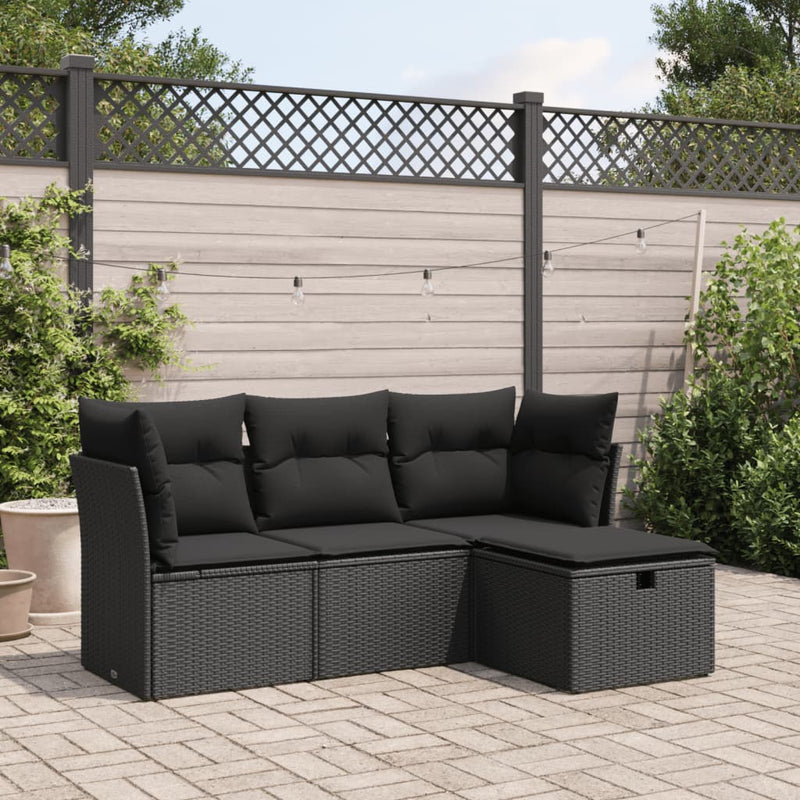 4 Piece Garden Sofa Set with Cushions Black Poly Rattan