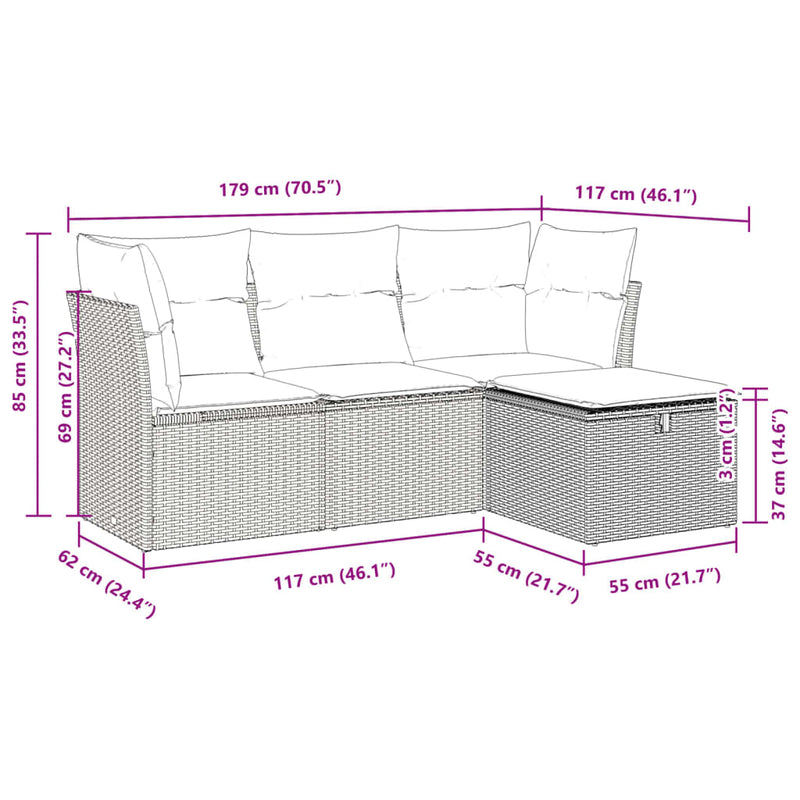 4 Piece Garden Sofa Set with Cushions Grey Poly Rattan