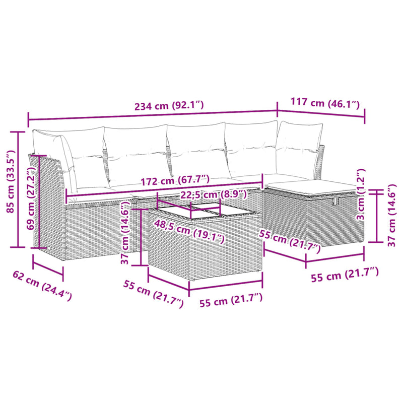 vidaXL 6 Piece Garden Sofa Set with Cushions Grey Poly Rattan