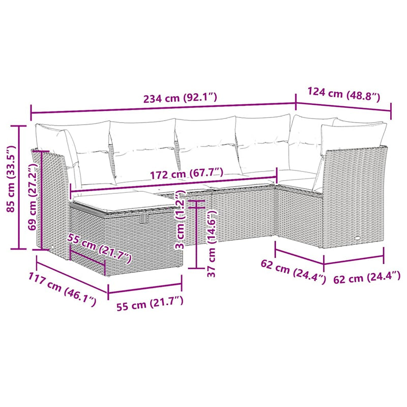 vidaXL 6 Piece Garden Sofa Set with Cushions Black Poly Rattan