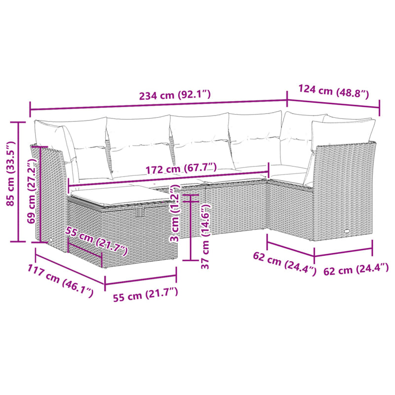 vidaXL 6 Piece Garden Sofa Set with Cushions Grey Poly Rattan