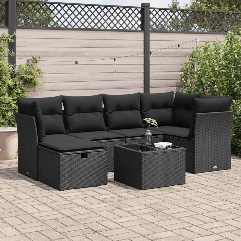 vidaXL 7 Piece Garden Sofa Set with Cushions Black Poly Rattan