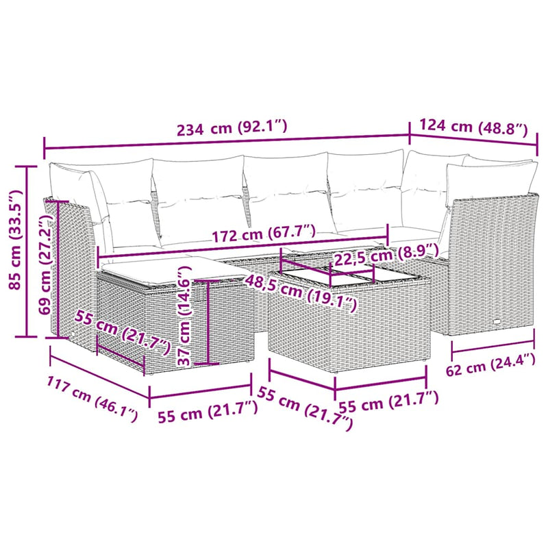 vidaXL 7 Piece Garden Sofa Set with Cushions Grey Poly Rattan