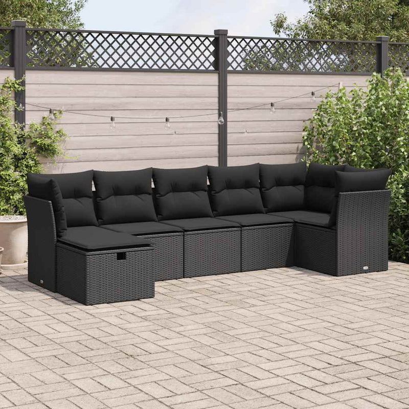 vidaXL 7 Piece Garden Sofa Set with Cushions Black Poly Rattan