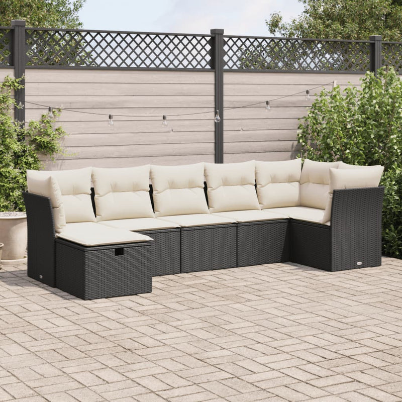 vidaXL 7 Piece Garden Sofa Set with Cushions Black Poly Rattan