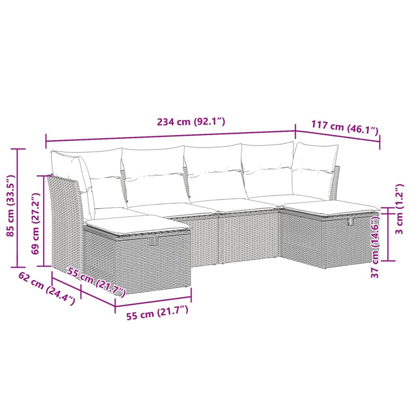 vidaXL 6 Piece Garden Sofa Set with Cushions Grey Poly Rattan