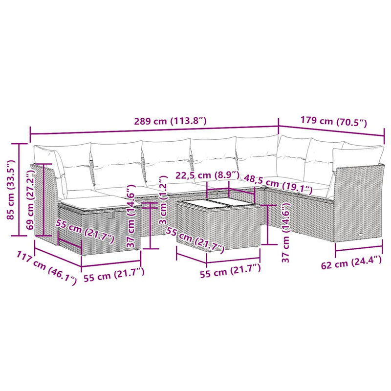 vidaXL 9 Piece Garden Sofa Set with Cushions Grey Poly Rattan