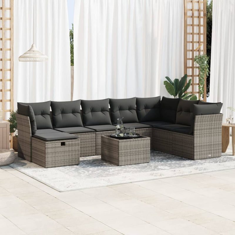 vidaXL 9 Piece Garden Sofa Set with Cushions Grey Poly Rattan