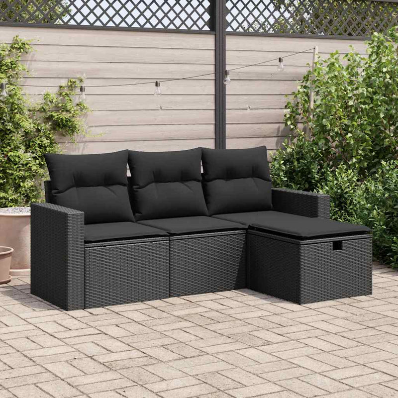vidaXL 4 Piece Garden Sofa Set with Cushions Black Poly Rattan