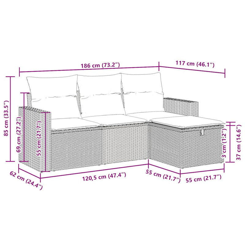 vidaXL 4 Piece Garden Sofa Set with Cushions Black Poly Rattan