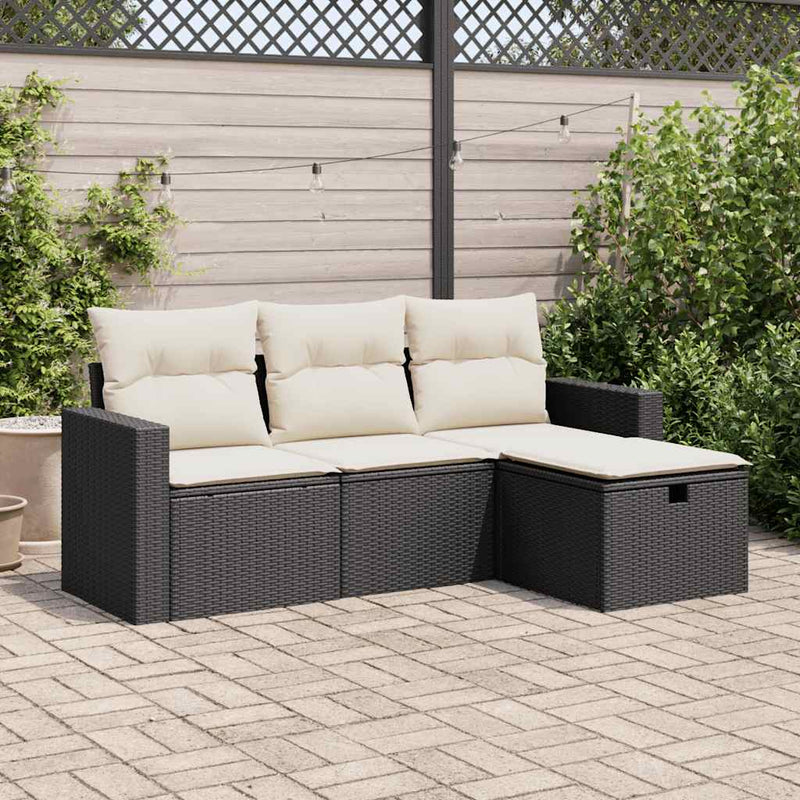vidaXL 4 Piece Garden Sofa Set with Cushions Black Poly Rattan