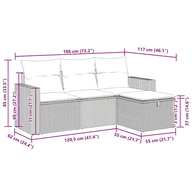 vidaXL 4 Piece Garden Sofa Set with Cushions Grey Poly Rattan