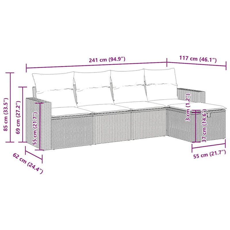vidaXL 5 Piece Garden Sofa Set with Cushions Grey Poly Rattan