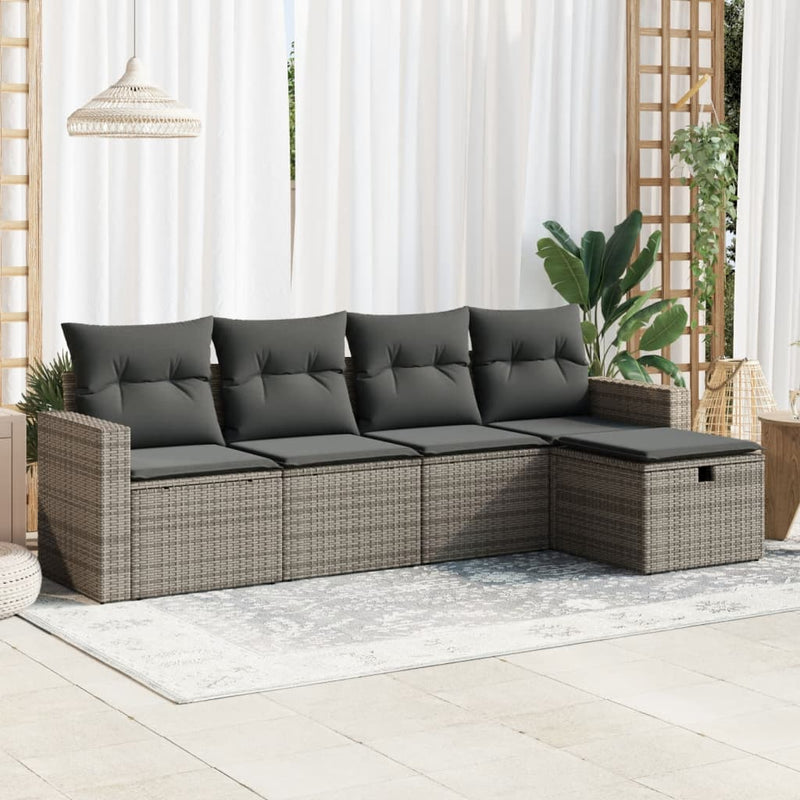 5 Piece Garden Sofa Set with Cushions Grey Poly Rattan