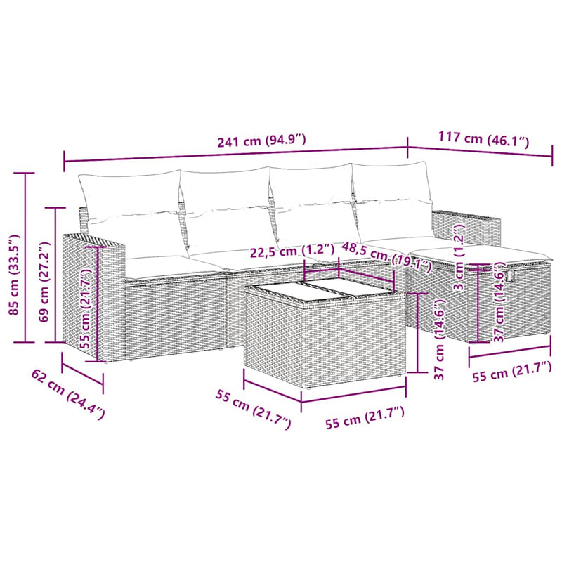 vidaXL 6 Piece Garden Sofa Set with Cushions Grey Poly Rattan