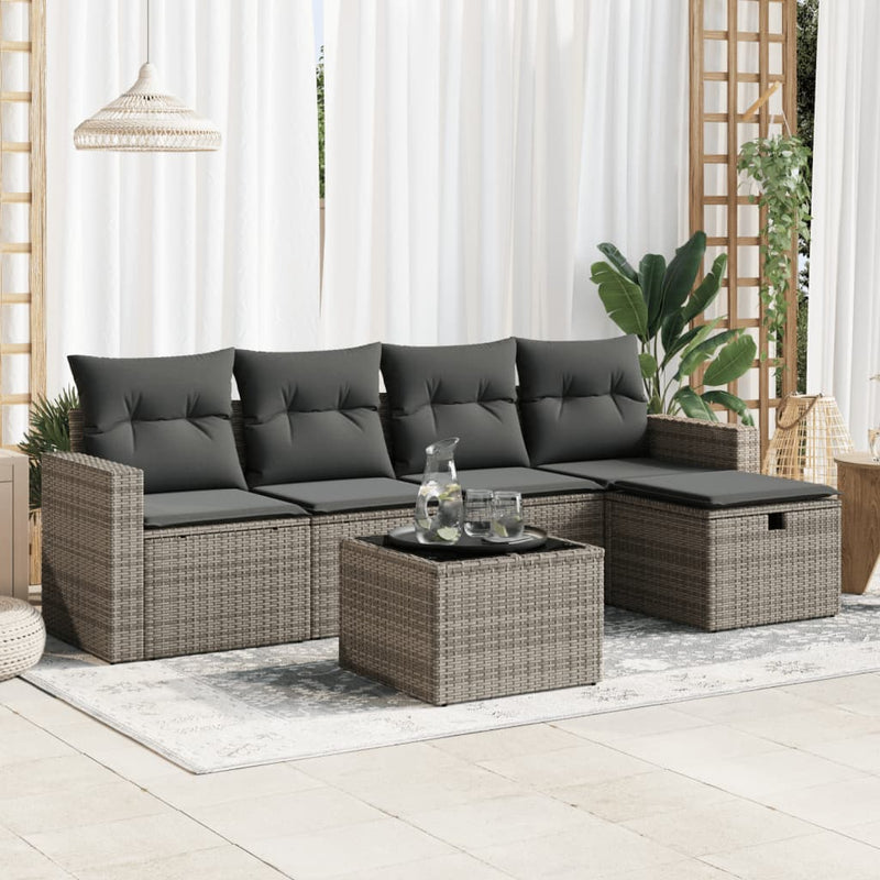 vidaXL 6 Piece Garden Sofa Set with Cushions Grey Poly Rattan