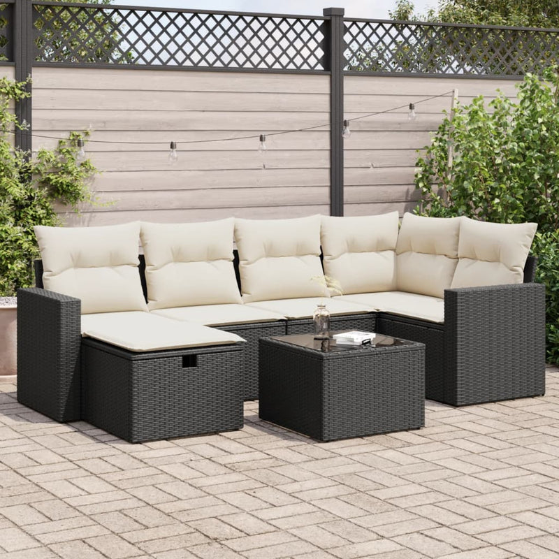 vidaXL 7 Piece Garden Sofa Set with Cushions Black Poly Rattan
