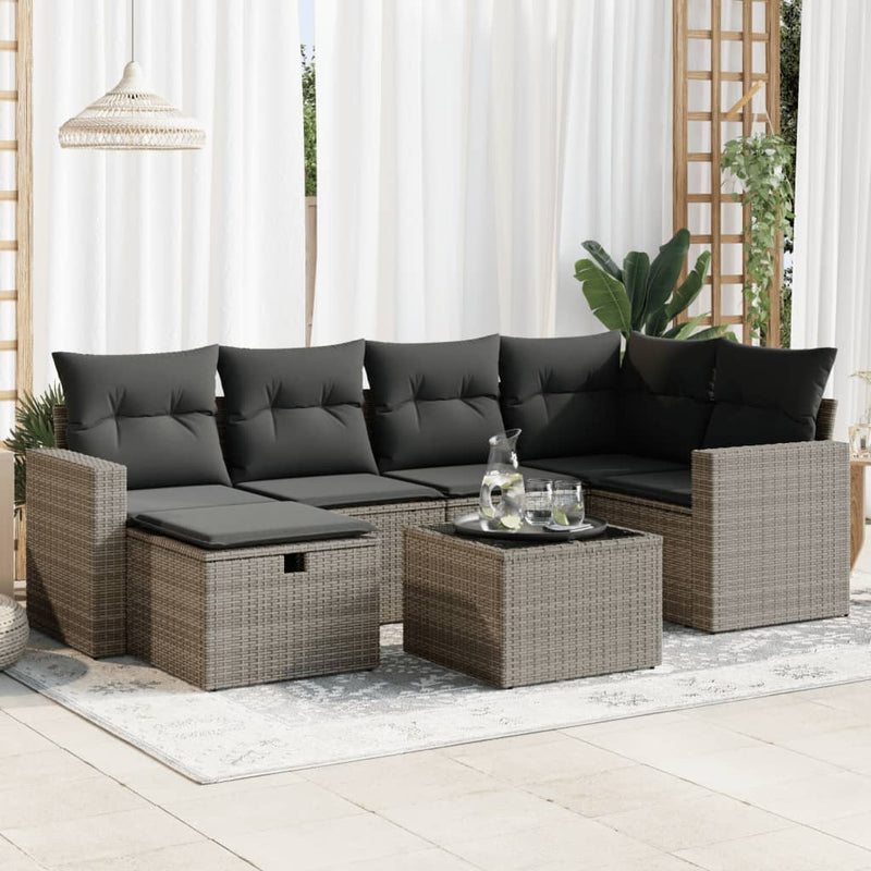 7 Piece Garden Sofa Set with Cushions Grey Poly Rattan