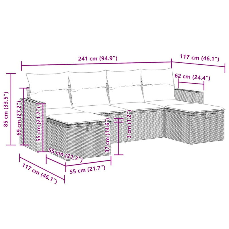 vidaXL 6 Piece Garden Sofa Set with Cushions Grey Poly Rattan