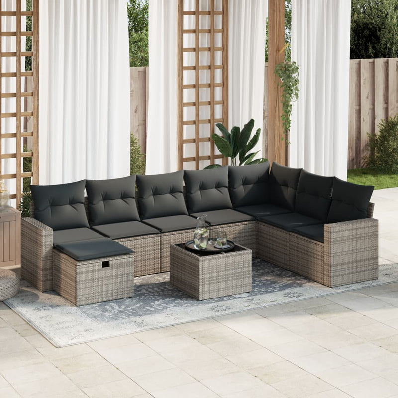 vidaXL 9 Piece Garden Sofa Set with Cushions Grey Poly Rattan