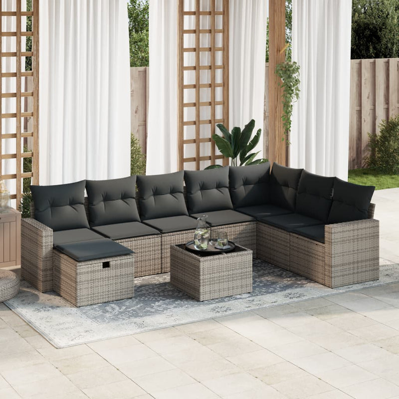 9 Piece Garden Sofa Set with Cushions Grey Poly Rattan