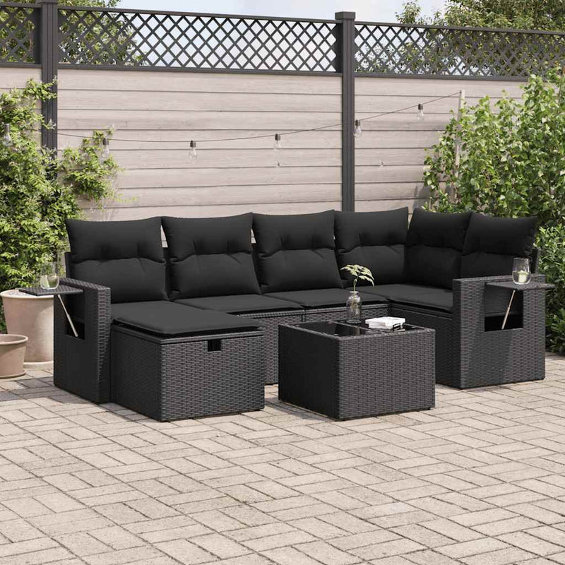 vidaXL 7 Piece Garden Sofa Set with Cushions Black Poly Rattan