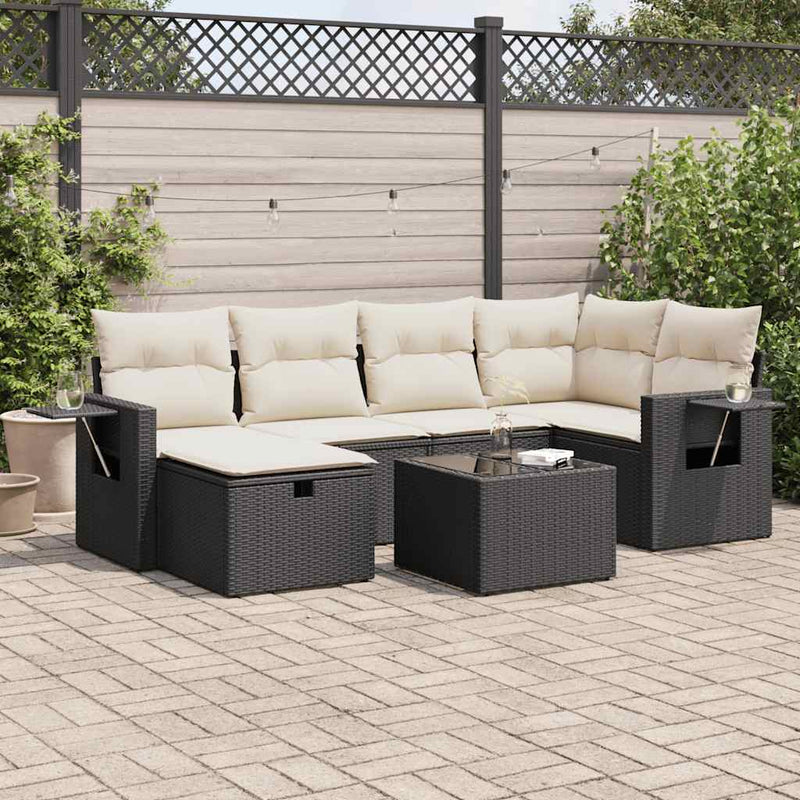 vidaXL 7 Piece Garden Sofa Set with Cushions Black Poly Rattan