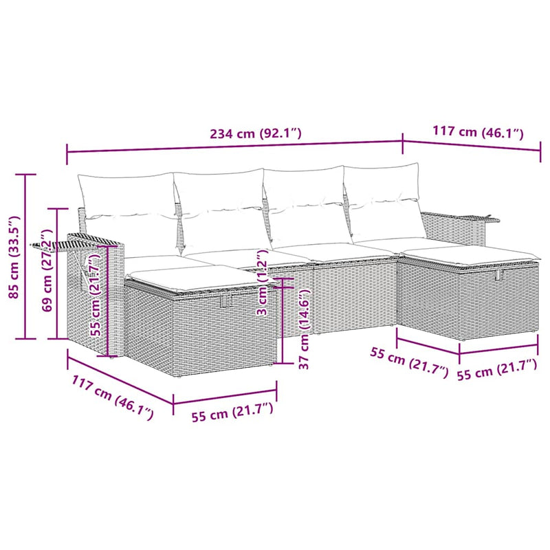 vidaXL 6 Piece Garden Sofa Set with Cushions Grey Poly Rattan