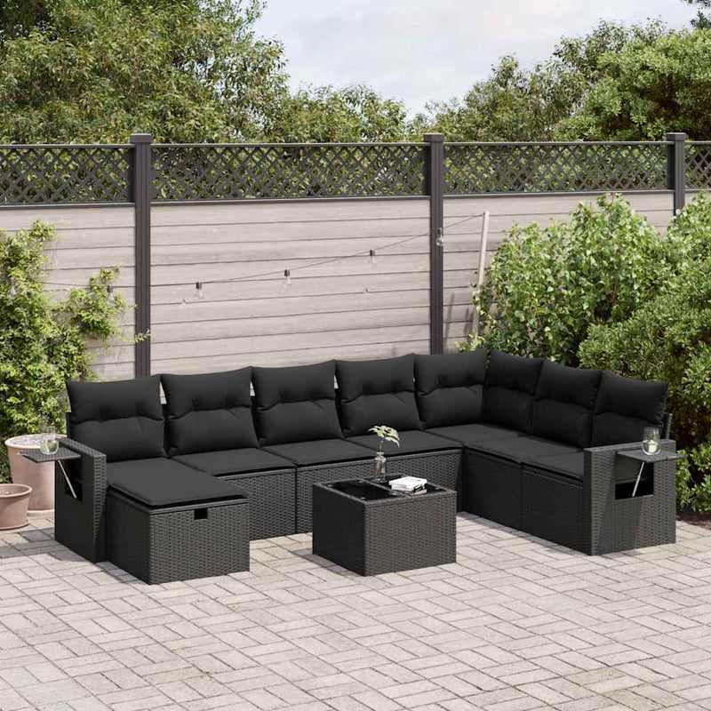 vidaXL 9 Piece Garden Sofa Set with Cushions Black Poly Rattan