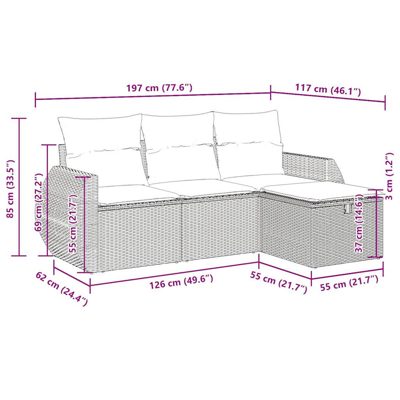 vidaXL 4 Piece Garden Sofa Set with Cushions Grey Poly Rattan
