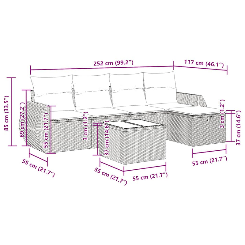 vidaXL 6 Piece Garden Sofa Set with Cushions Grey Poly Rattan