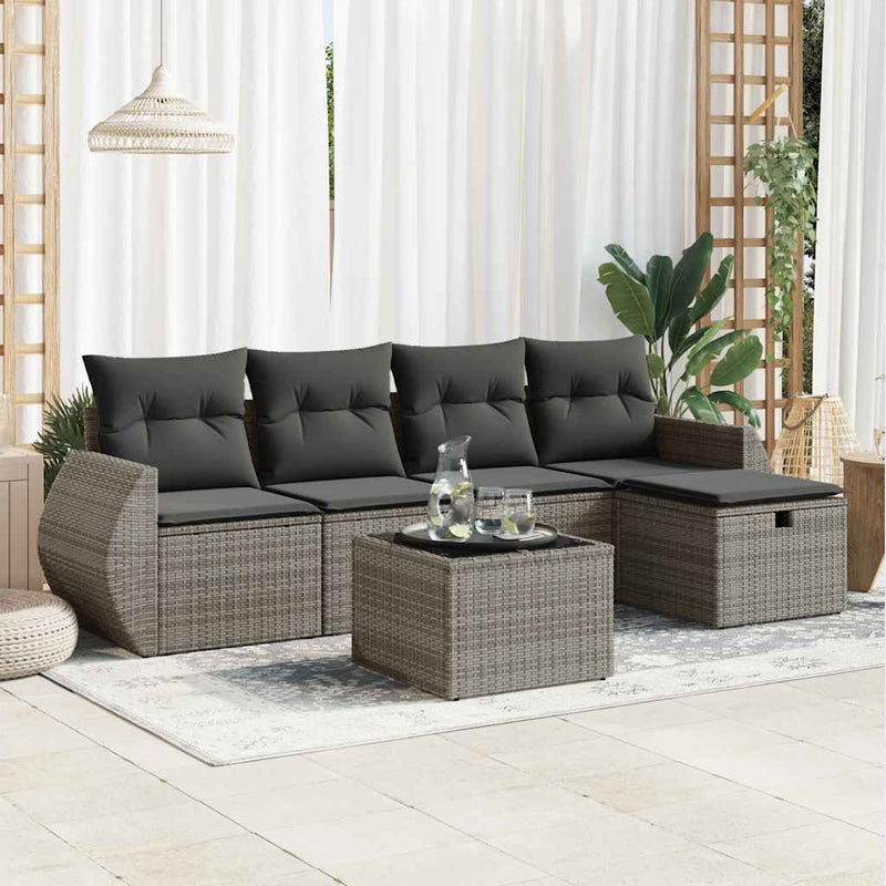 vidaXL 6 Piece Garden Sofa Set with Cushions Grey Poly Rattan