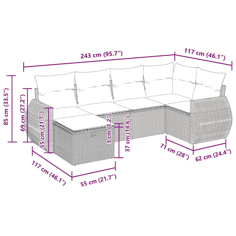 vidaXL 6 Piece Garden Sofa Set with Cushions Grey Poly Rattan